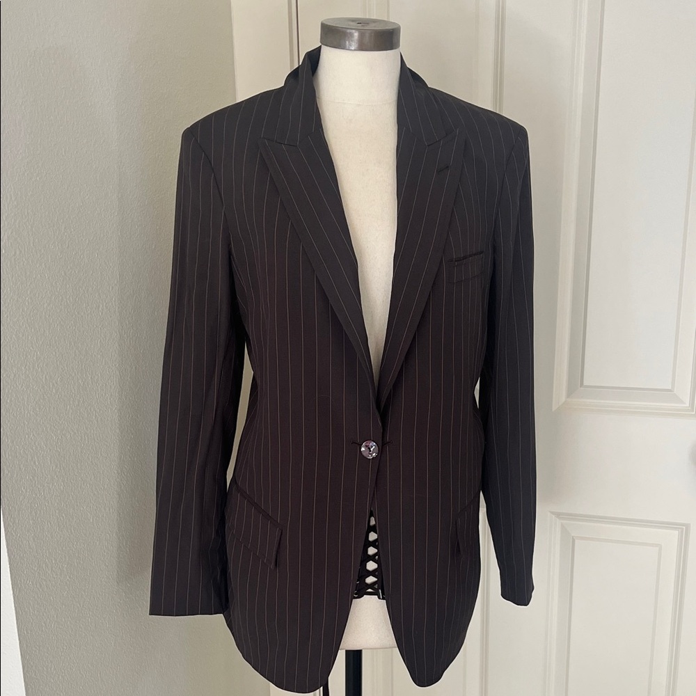 John Paul Gaultier pinstripe suit worn in a runway show in Italy built-in corset